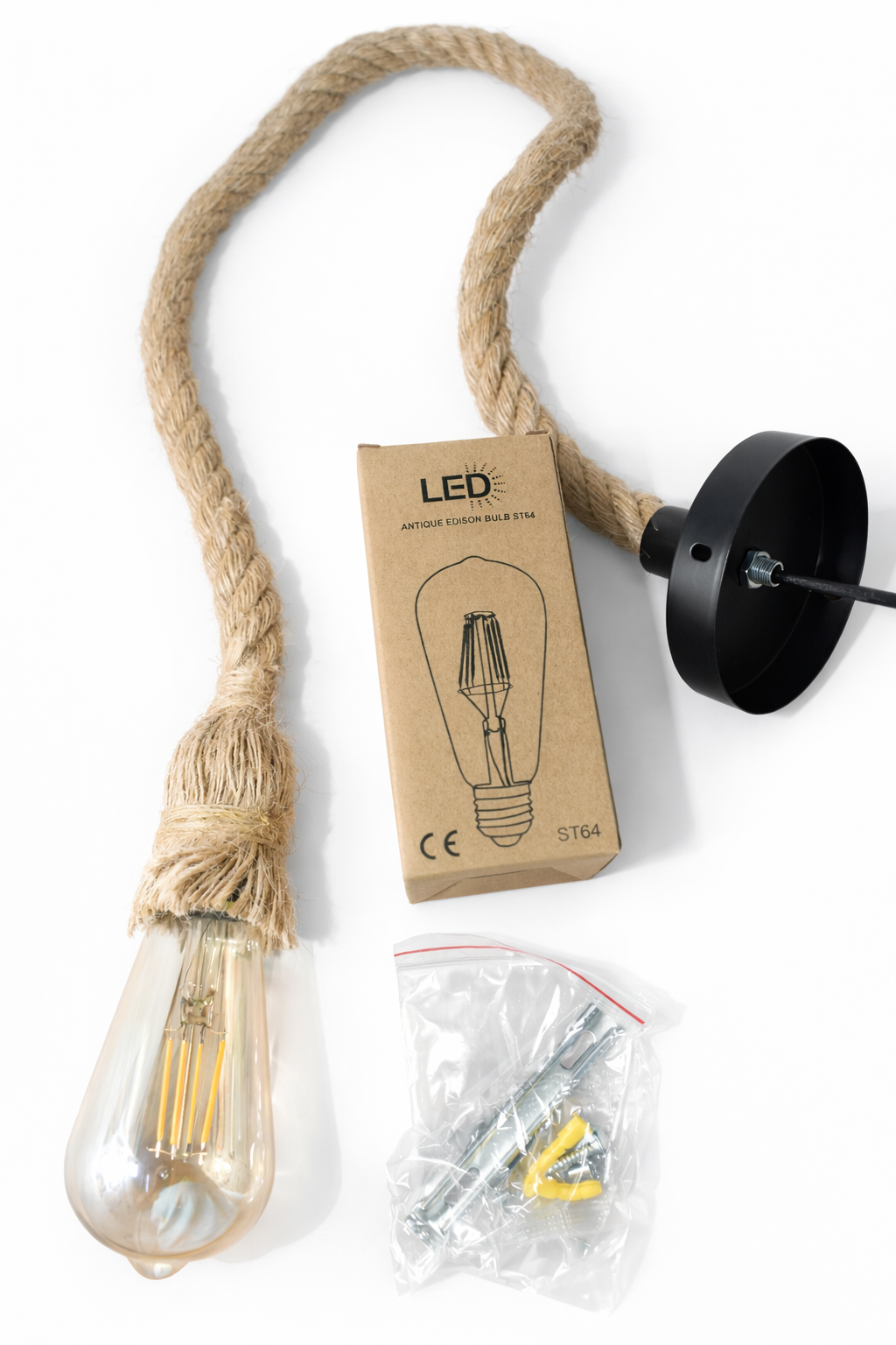 Vintage Rope Hanging Light with Edison Bulb – Rustic Pendant Lamp for Home Décor